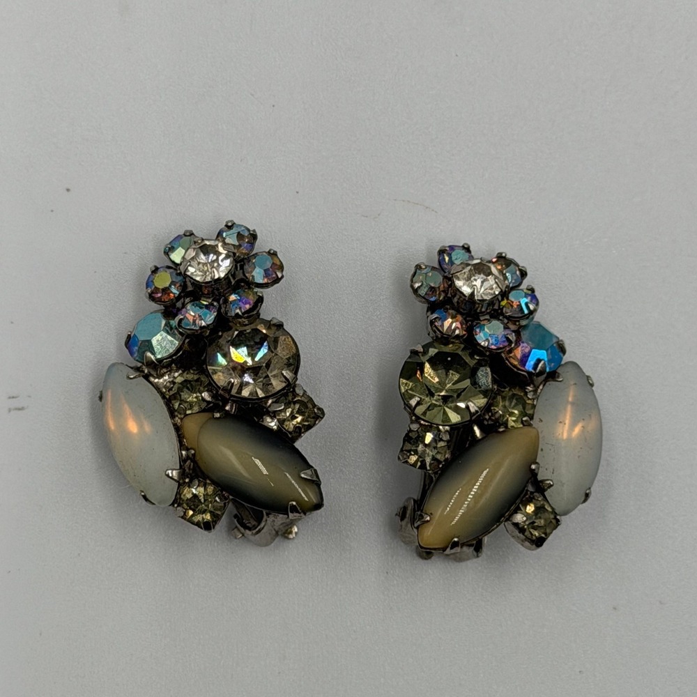 Vintage Aurora Borealis Rhinestone Glass Cabochon Clip On Earrings Mid-Century